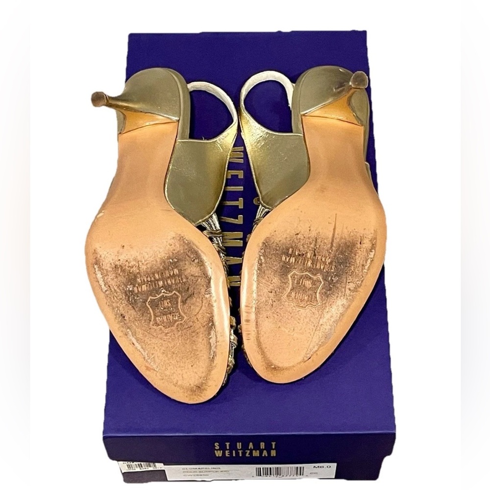 Sold Stuart Weitzman Gold Slingback Peep Toe Heels Size 6 - Picture 8 of 11